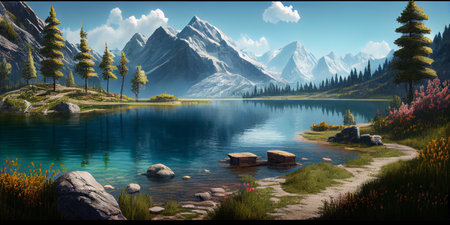 Mountain landscape, lake and mountain range, large panorama. Ai Generative.の写真素材