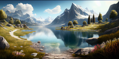 Mountain landscape, lake and mountain range, large panorama. Ai Generative.の写真素材
