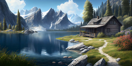 Mountain landscape, lake and mountain range, large panorama. Ai Generative.の写真素材