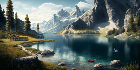 Mountain landscape, lake and mountain range, large panorama. Ai Generative.の写真素材