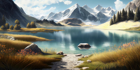 Mountain landscape, lake and mountain range, large panorama. Ai Generative.の写真素材