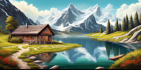 Mountain landscape, lake and mountain range, large panorama. Ai Generative.の写真素材