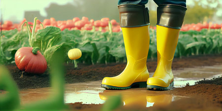 A closeup rubber boots in a green beautiful garden. Gardening boots on the wood plank on the ground. Generative AI.の写真素材