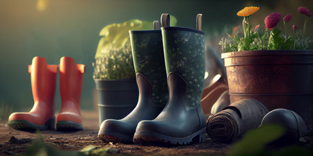 A closeup rubber boots in a green beautiful garden. Gardening boots on the wood plank on the ground. Generative AI.の写真素材