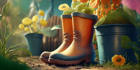A closeup rubber boots in a green beautiful garden. Gardening boots on the wood plank on the ground. Generative AI.の写真素材