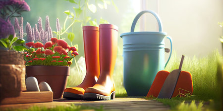 A closeup rubber boots in a green beautiful garden. Gardening boots on the wood plank on the ground. Generative AI.の写真素材