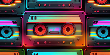 neon pink cassette tapes pattern on a green background with shadow retro backdrop. Generative AI.の写真素材