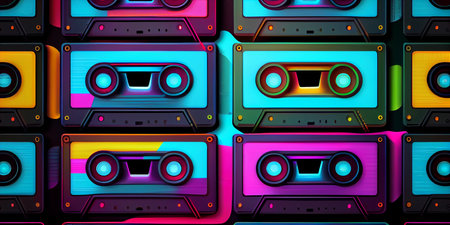 neon pink cassette tapes pattern on a green background with shadow retro backdrop. Generative AI.の写真素材