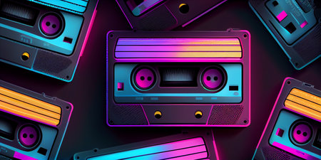 neon pink cassette tapes pattern on a green background with shadow retro backdrop. Generative AI.の写真素材