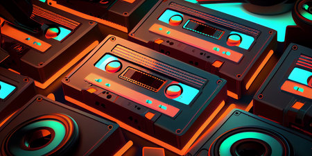 neon pink cassette tapes pattern on a green background with shadow retro backdrop. Generative AI.の写真素材