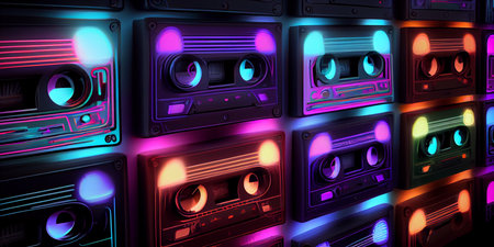 neon pink cassette tapes pattern on a green background with shadow retro backdrop. Generative AI.の写真素材