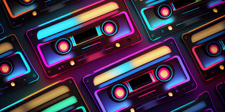 neon pink cassette tapes pattern on a green background with shadow retro backdrop. Generative AI.の写真素材