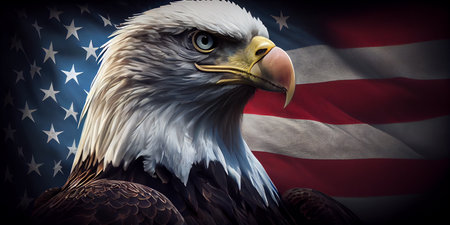 American Bald Eagle symbol of america -with flag. United States of America. Ai generative.の素材