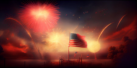 4th of july fireworks on american flag background. Ai generative.の素材