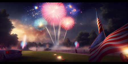 4th of july fireworks on american flag background. Ai generative.の素材
