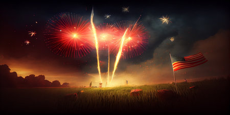 4th of july fireworks on american flag background. Ai generative.の素材