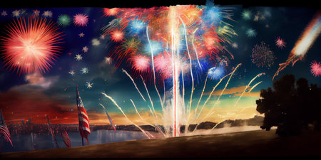 4th of july fireworks on american flag background. Ai generative.の素材