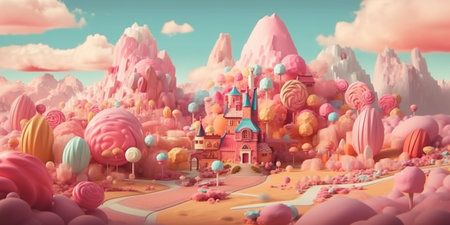 Sweet candy world fairy landscape, panorama. Sweets, candies, caramel. A magical planet where everything is made of candy. AI Generative.の素材