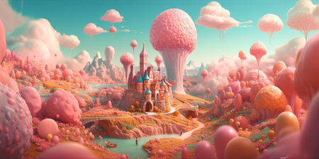 Sweet candy world fairy landscape, panorama. Sweets, candies, caramel. A magical planet where everything is made of candy. AI Generative.の素材
