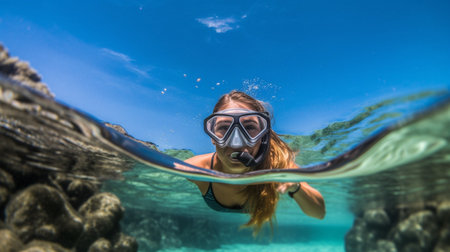 Happy young woman swimming underwater in tropical sea. Snorkeling with mask in ocean. Ai Generative.の素材