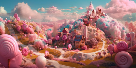 Sweet candy world fairy landscape, panorama. Sweets, candies, caramel. A magical planet where everything is made of candy. AI Generative.の素材