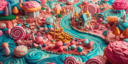 Sweet candy world fairy landscape, panorama. Sweets, candies, caramel. A magical planet where everything is made of candy. AI Generative.の素材