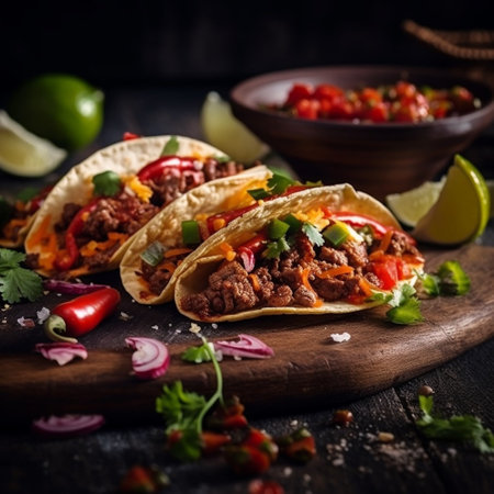 Tacos with meat and vegetables. Traditional mexican fast food. Taco Mexico food with tortilla. AI generative.の素材