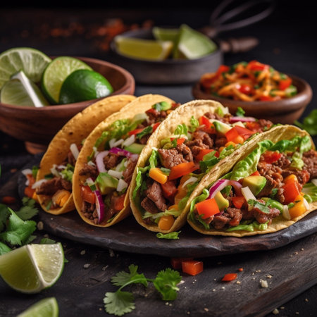 Tacos with meat and vegetables. Traditional mexican fast food. Taco Mexico food with tortilla. AI generative.の素材
