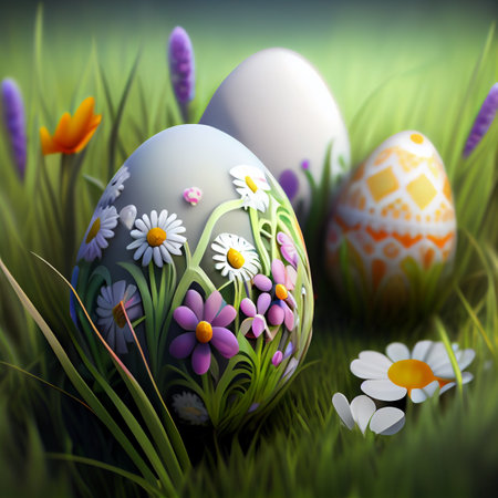 Painted Easter eggs on the grass. Generative AI.の素材