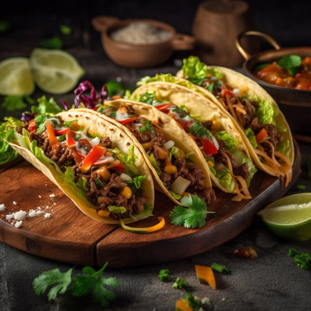 Tacos with meat and vegetables. Traditional mexican fast food. Taco Mexico food with tortilla. AI generative.の素材