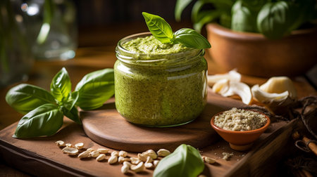 basil pesto sauce and ingredients for pesto on wooden background. AI Generativeの素材