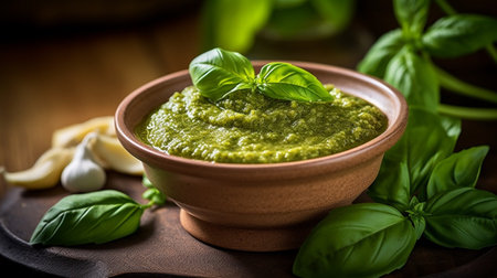 basil pesto sauce and ingredients for pesto on wooden background. AI Generativeの素材
