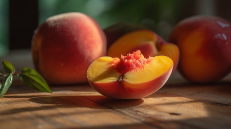 Peaches on a black background. Sweet and juicy peach slices with a stone. Ai generative.の素材