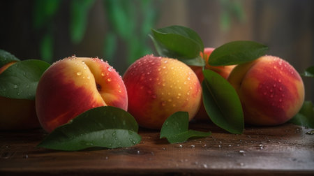Peaches on a black background. Sweet and juicy peach slices with a stone. Ai generative.の素材