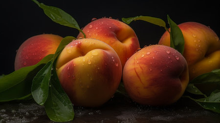 Peaches on a black background. Sweet and juicy peach slices with a stone. Ai generative.の素材