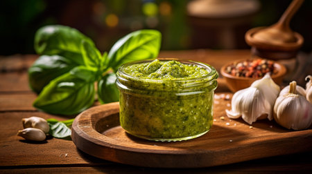 basil pesto sauce and ingredients for pesto on wooden background. AI Generativeの素材