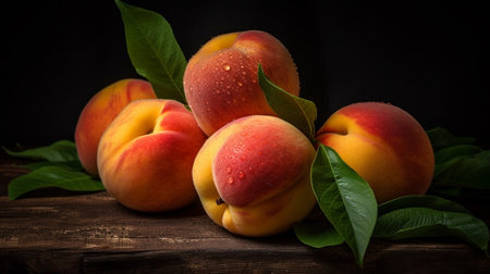 Peaches on a black background. Sweet and juicy peach slices with a stone. Ai generative.の素材
