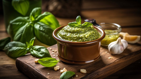 basil pesto sauce and ingredients for pesto on wooden background. AI Generativeの素材