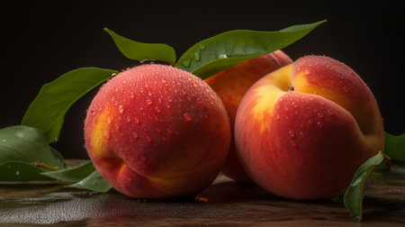 Peaches on a black background. Sweet and juicy peach slices with a stone. Ai generative.の素材