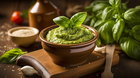 basil pesto sauce and ingredients for pesto on wooden background. AI Generativeの素材