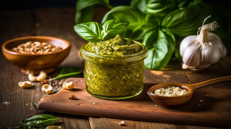 basil pesto sauce and ingredients for pesto on wooden background. AI Generativeの素材
