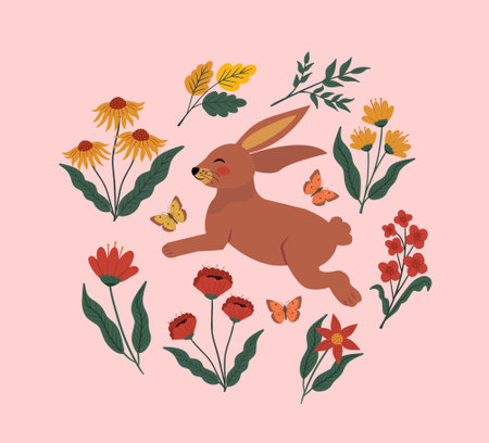 Rabbit and Flowers Childish vector illustration. Bunny Print design for children's textiles. vector illustration.のイラスト素材
