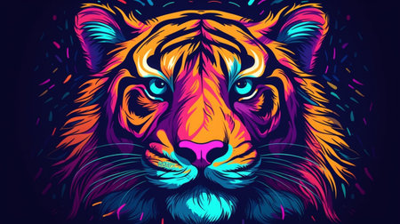 Psychedelic trippy tiger cartoon 70s, rave style, acid color. retrowave concept. AI generative.の素材