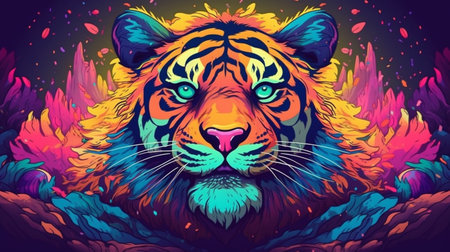 Psychedelic trippy tiger cartoon 70s, rave style, acid color. retrowave concept. AI generative.の素材