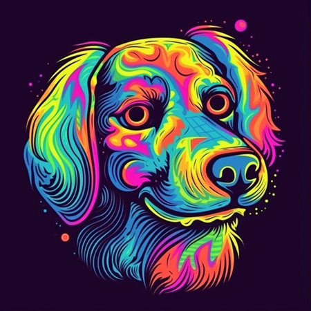 Psychedelic trippy dog cartoon 70s, rave style, acid color. retrowave concept. Ai generative.の素材