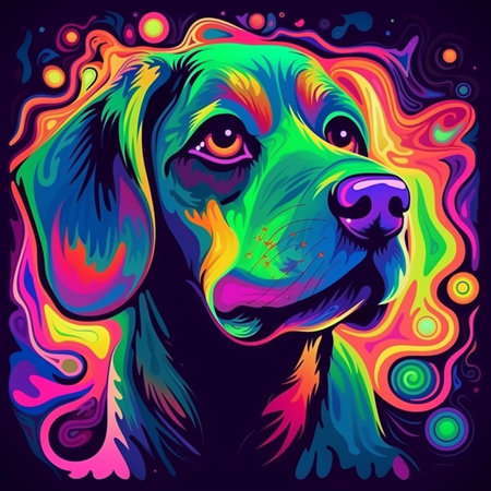 Psychedelic trippy dog cartoon 70s, rave style, acid color. retrowave concept. Ai generative.の素材