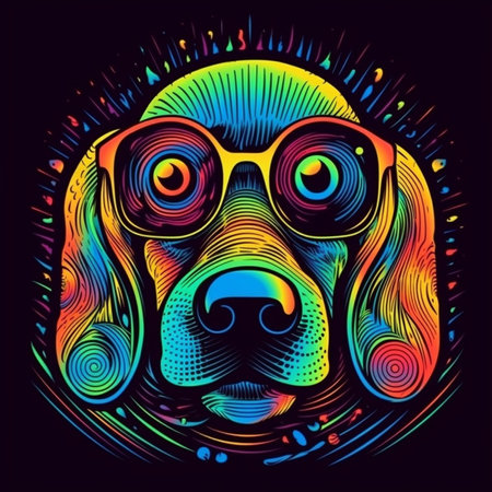 Psychedelic trippy dog cartoon 70s, rave style, acid color. retrowave concept. Ai generative.の素材