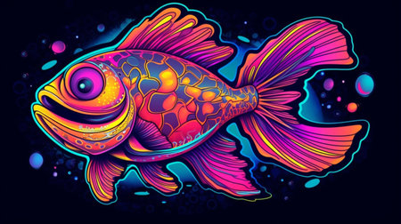 Psychedelic trippy fish cartoon 70s, rave style, acid color. retrowave concept. Ai generative.の素材