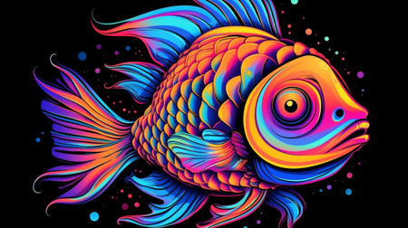 Psychedelic trippy fish cartoon 70s, rave style, acid color. retrowave concept. Ai generative.の素材