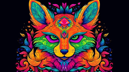 Psychedelic trippy fox cartoon 70s, rave style, acid color. retrowave concept. Ai generative.の素材